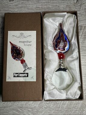 Vintage Pier 1 Blown Glass Magnifier Loupe~ Red, Blue, Silver Swirl - 5” in Box
